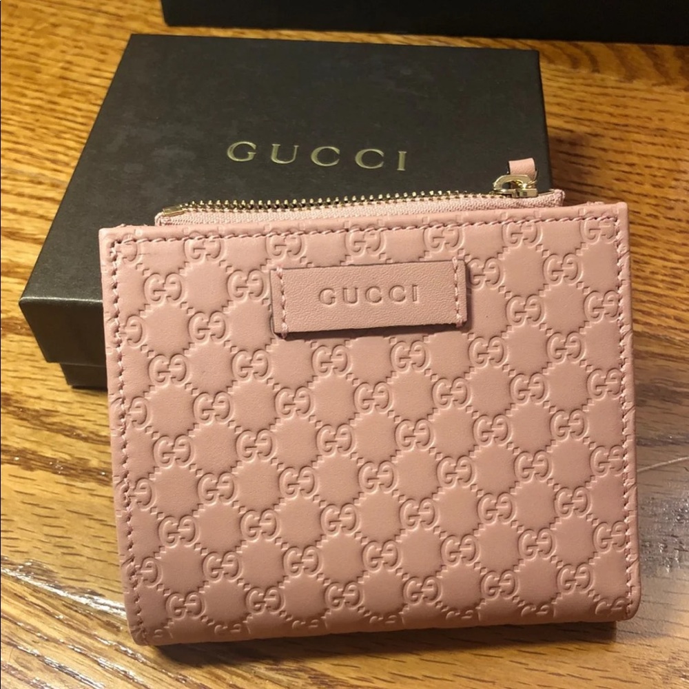 Gucci LEATHER COMPACT WALLET coin zipper pink new